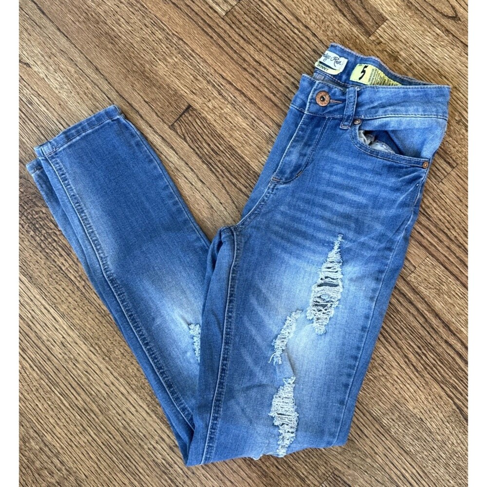 Indigo Rein Jeans Women’s Juniors Size 5 Distressed Skinny Denim Blue